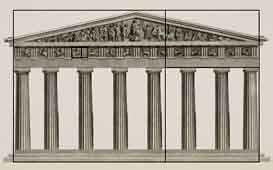 Greek Parthenon's design uses two golden rectangles: (1) The overall dimensions make a golden rectangle whose, (2), second inner golden redctangle (shown  upper right) vertically marks the division between the steps-and-columns section and the entablature-and-pediment section.
