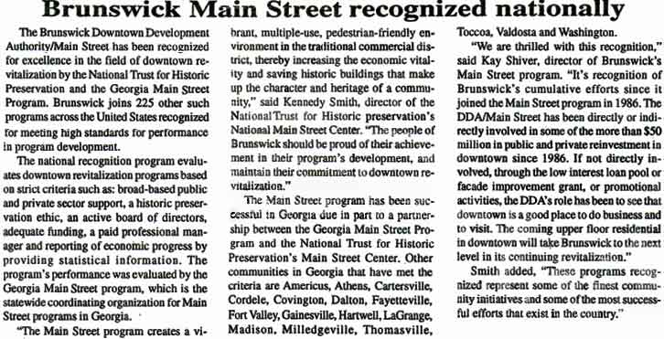 Brunswick, a Georgia Main Street city since 1986, recognized by the National Trust for Historic Preservation