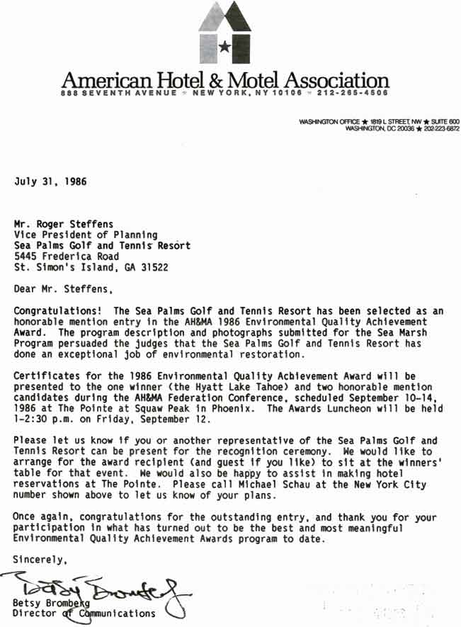 1986 American Hotel & Motel Asspcoatopm award to Sea Palms Golf & Tennis Resort, letter to Roger Steffens