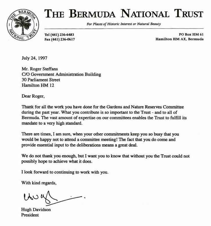 Bermuda National Trust thanks Roger Steffens for his work for the Gardens and Nature Reserves Committee