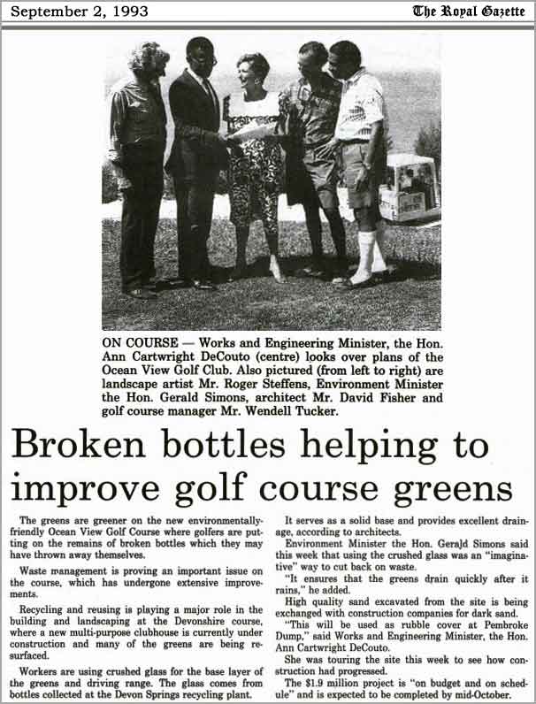 Roger Steffens looks on as Bermuda minister reviews use of broken bottles to improve golf greens (1993)